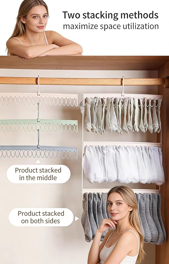 Socks Drying Racks Hanger Socks Organizer Hook Hanger with 54 Clips, Clothes Drying Racks Windproof for Drying Socks Bras Underwears Baby Clothes, Hats Scarfs Towels Pants and Gloves Diaper (Grey)