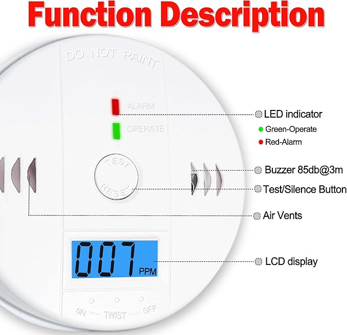 3 Pack Carbon Monoxide detectors, co Detector, Carbon Monoxide Alarm Detector Battery Powered with LCD Display, Carbon Monoxide Detector, UL2034 Standards, for Home