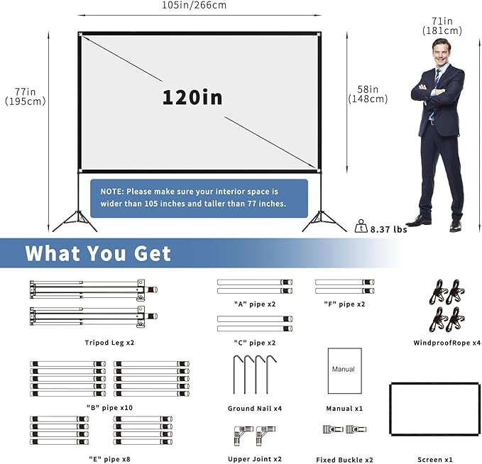 VISULAPEX Projector Screen with Stand 120 Inch, 16:9 4K HD Portable Projector Screen Indoor Outdoor, Foldable Wrinkle-Free Movie Screen 160° Front Rear Projection Screen with Carry Bag for Home Movie