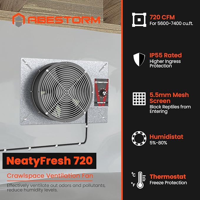 Abestorm 720CFM High Air Flow Crawlspace Ventilation Fan, IP55 Rated 10" Vent Fan with Humidistat Freeze Protection Thermostat for Crawl Space, Basement, Garage, Attic with Isolation Mesh