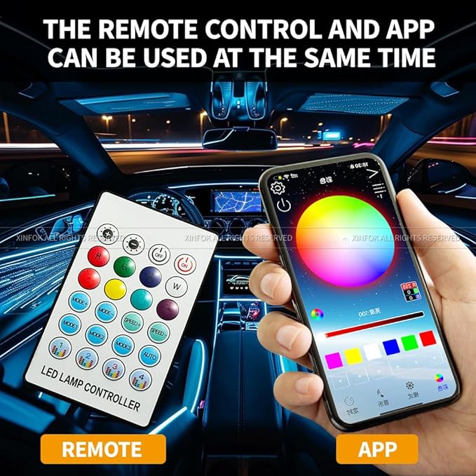 Ambient Lighting Car Led Lights Interior with APP, USB Powered Acrylic Neon Flexible Strip Fiber Optic LED Ambient Lighting kit,4 in 1 RGB Sound Active Music Lights Sync Car Decorations