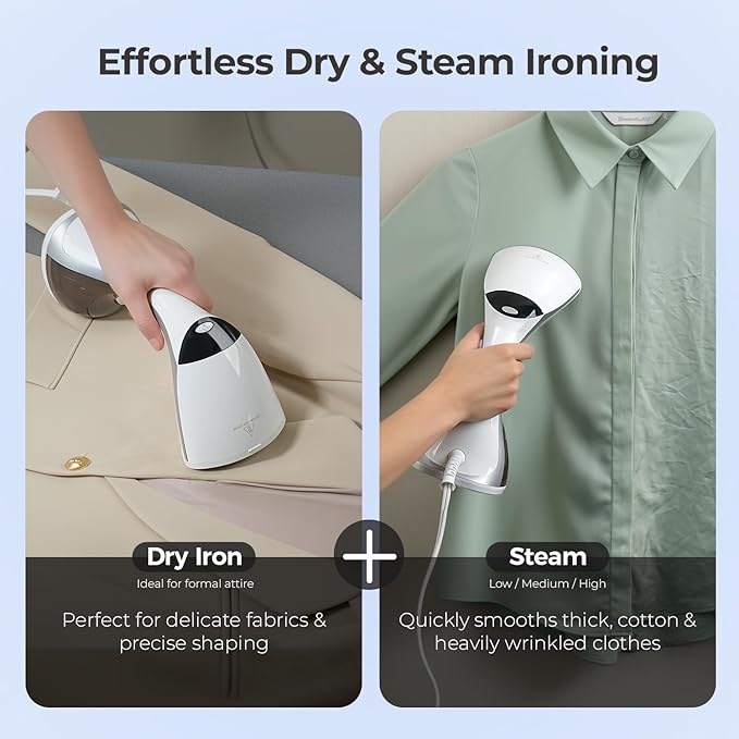 Mafilise Steamer for Clothes, 20S Heat Up, 1500W & 3 Steam Settings, Ceramic Soleplate with 13-Vent, 2-in-1 Clothing Iron Wrinkle Removal for All Fabrics, Portable & Travel-Ready