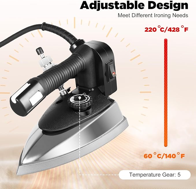 Industrial Gravity Feed Steam Iron 1200W Commercial Electric Iron with 3L Large Capacity Water Bottle, Temperature Adjustable Heavy Duty Clothes Iron for Garment Factory Dry Cleaners Hotels