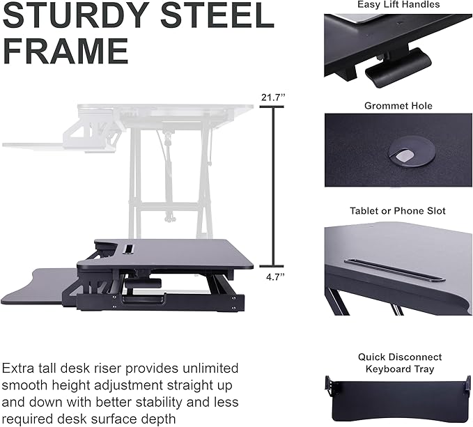 Rocelco 43" Height Adjustable Standing Desk Converter - Tall Sit Stand Up Tabletop Riser with Tablet Slot - Home Office Computer Workstation - Deep Keyboard Tray for Laptop Mouse - Black (R VADRB-43)