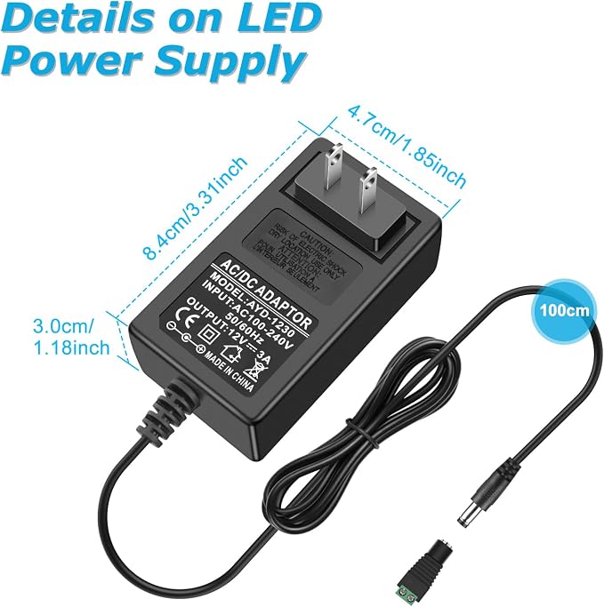 12V LED Strip Power Supply, 3A 36W Power Adapter - Image 2
