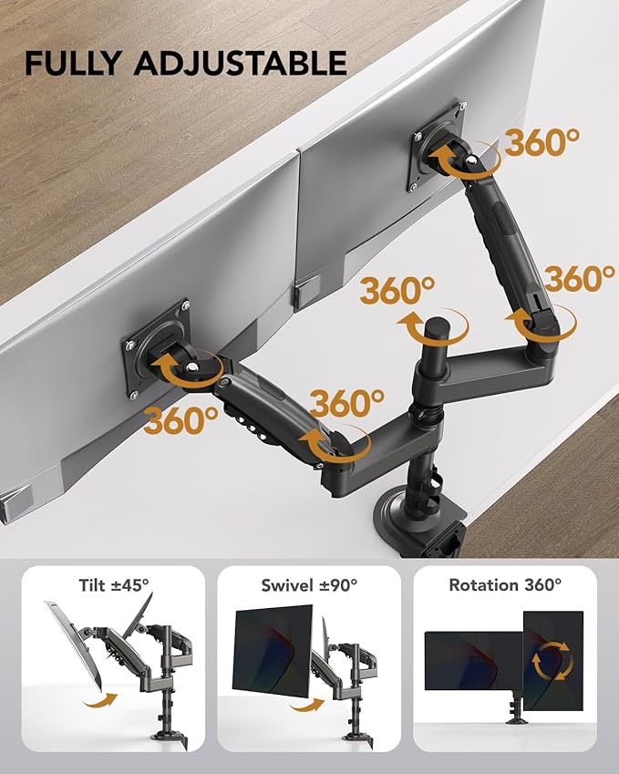 HUANUO 13-32 Inch Dual Monitor Stand, NITROGLIDE™ Dual Monitor Mount, Monitor Stand 2 Monitors, Ergonomic Adjustable Tilt/Swivel/Rotate, Weight Max 19.8 lbs, VESA 75/100mm