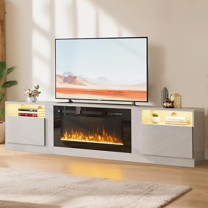 YISUFO 80” TV Stand with 36” Electric Fireplace, Large Modern Media Entertainment Center with Storage Cabinet and 12 Colors LED Lights for TVs Up to 90",Grey and Black