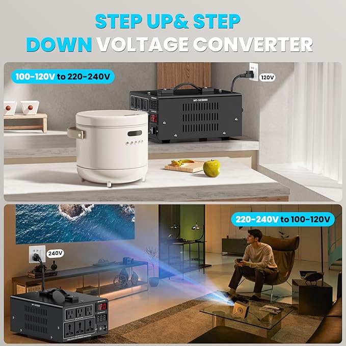 5000W Voltage Converter Transformer(110V to 220V or 220V to 110V) Step Up/Down Converter 110/120 Volt - 220/240 Volt w/US Power Cord,Circuit Breaker Protection, LCD Screen Display