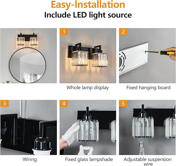 FDPBY Modern Bathroom Vanity Light 2-Lights Plating Black Vanity Light Crystal Wall Light Bathroom Light Fixtures