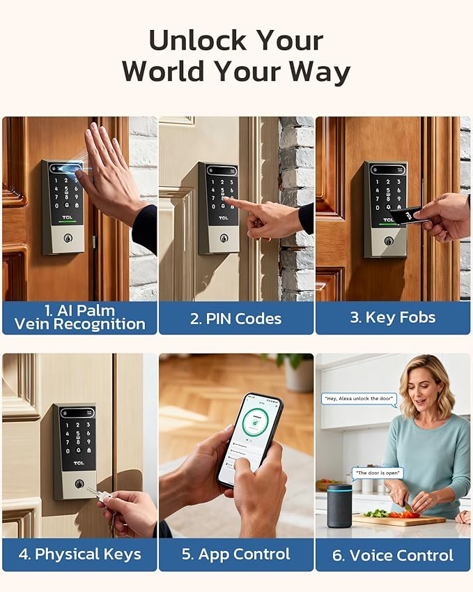 TCL D2 Pro Smart Lock with Palm Vein Recognition, 10000mAh Rechargeable Battery & Wi-Fi, Keyless Entry Door Lock, IP55 Weatherproof, Built-in Doorbell, Auto Lock, Brushed Nickel