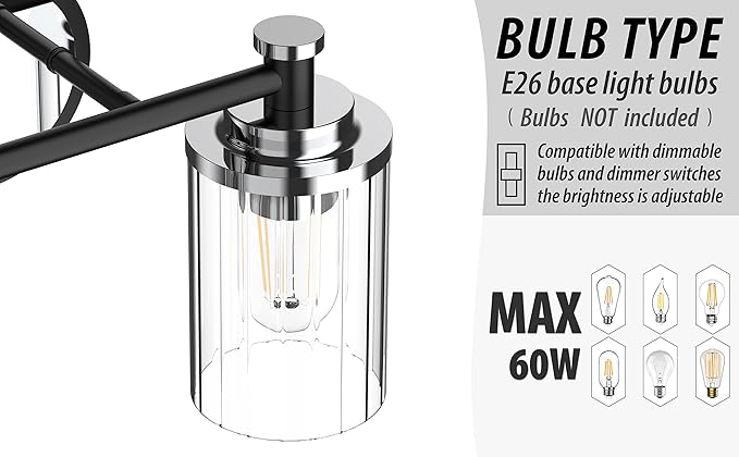 PHIXART Bathroom Lighting Fixtures Black and Chrome Bathroom Vanity Light with Cylindrical Clear Stripes Glass Lampshade E26 Socket Base Bathroom Lighting Fixtures Over Mirror (4 Lights)