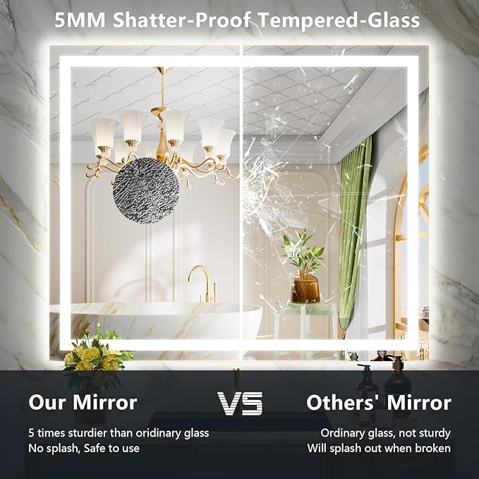 YEELAIT 51x40 Inch LED Bathroom Mirror with Lights Front and Backlit Lighted Vanity Mirror for Bathroom Wall with 3 Colors Dimmable Anti-Fog Memory Shatter-Proof IP54 Waterproof Horizontal/Vertical