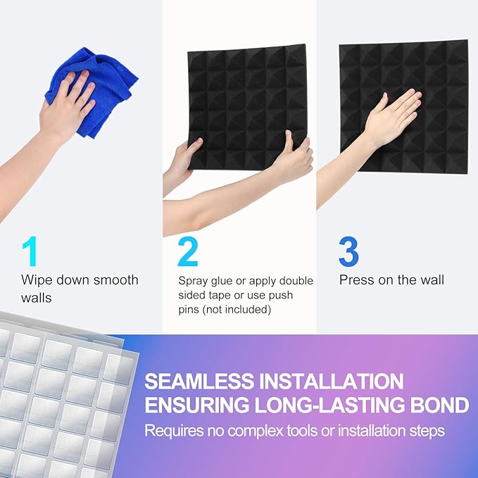 JBER Acoustic Sound Foam Panels, 24 Pack 2" X 12" X 12" Charcoal Soundproofing Treatment Studio Wall Padding Sound Absorbing Fireproof Pyramid