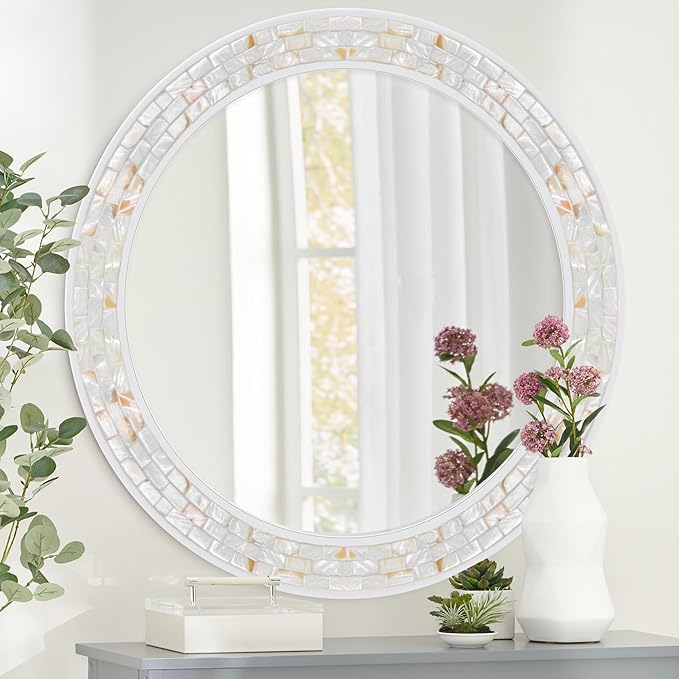 Tanmicoshomy Round Wall Mirror 30 Inch, Natural Shell Framed Circle Mirrors with Tempered Glass for Coastal Bathroom Bedroom Living Room or Entrayway