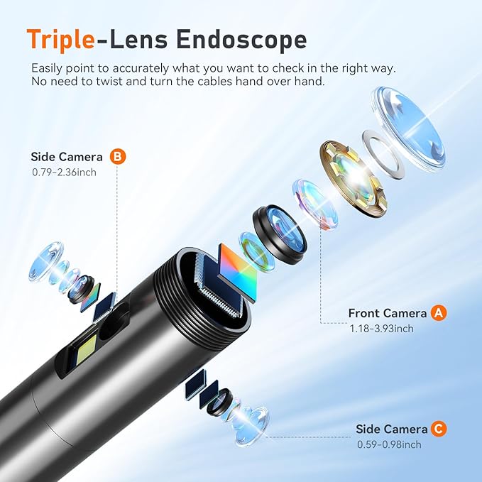 Triple Lens 5" IPS Borescope Inspection Camera, Ginocaco 1080P Digital Video Endoscope with Light, Waterproof Scope Camera with 16.5FT Semi-Rigid Cable, Drain Pipe Tool, Carrying Case, 32G Card