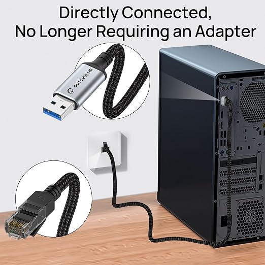 USB to Ethernet Cable 3.3 FT, USB 3.0 A to RJ45 Male Nylon Adapters, Gigabit - Image 2