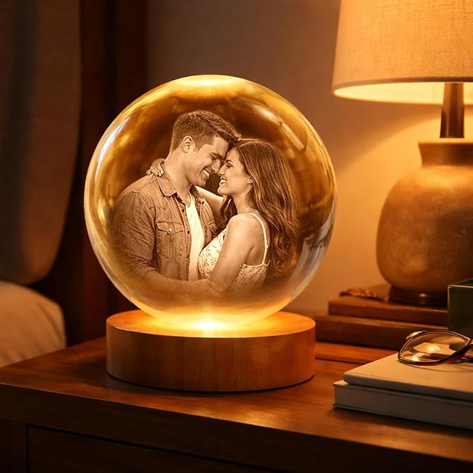 Herihues Personalized 3D Photo Crystal Ball, Custom Engraved Picture Lamp with Wood Base, Night Light for Couples, Gifts for Him Her Valentines Day, Anniversary, Personalized Gifts for Husband, Wife