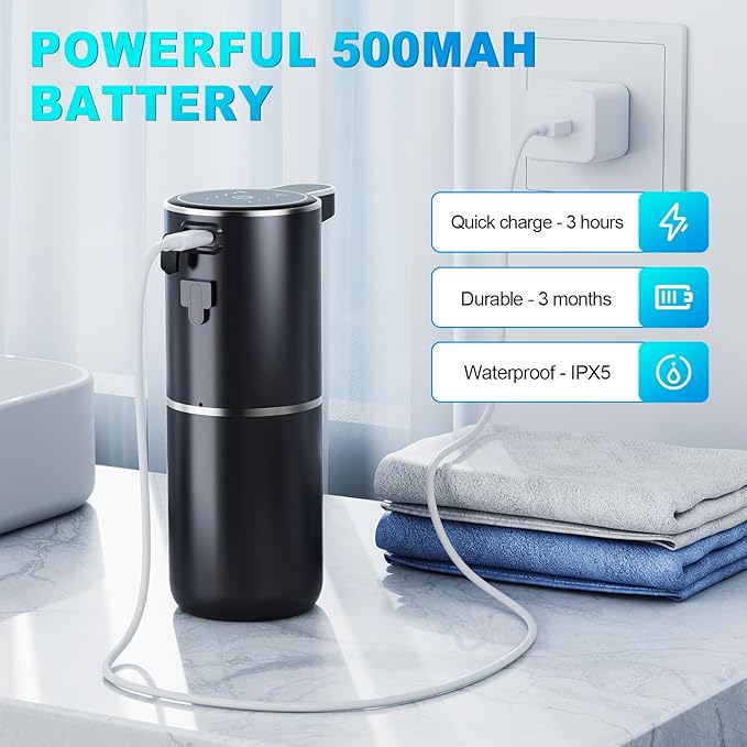 Automatic Liquid Soap Dispenser, 12.8oz/380ml Wall Mount Touchless Soap Dispenser with Sensor, 4-Level Adjustable, IPX5 Waterproof, USB Rechargeable for Bathroom, Kitchen