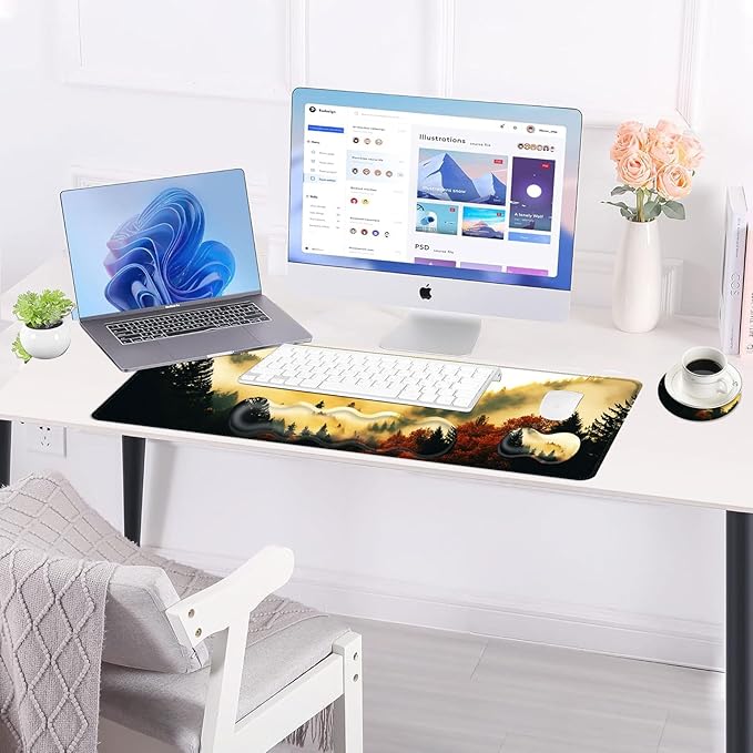 BFUKVOU Large Keyboard Mouse Pad Set, Extended Mouse Pad+Keyboard Wrist Rest Support, Memory Foam Ergonomic Easy Typing, 4Pcs (31.5×11.8 in) Desk Pad Set for Office Home,Nature Misty Forest