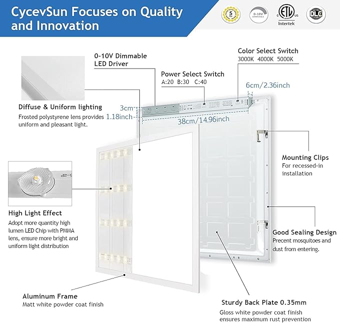 CycevSun 6-Pack 2x2 LED Flat Panel Light Drop Ceiling, 40W, Bright 4400LM, 3CCT 3000K/4000K/5000K Switchable, 0-10V Dimmable, 100-277V, ETL Listed