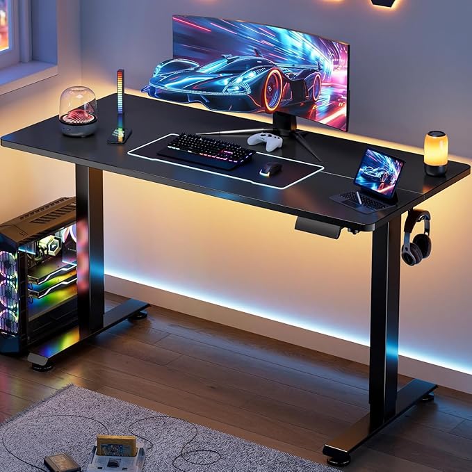 Veken 55 Inch, Height Adjustable Sit Stand Up, Wood Desktop, Work Home Office Computer PC Table, Tall Standup Workstation, Gaming Writing Study Bedroom Rising Desks, Black