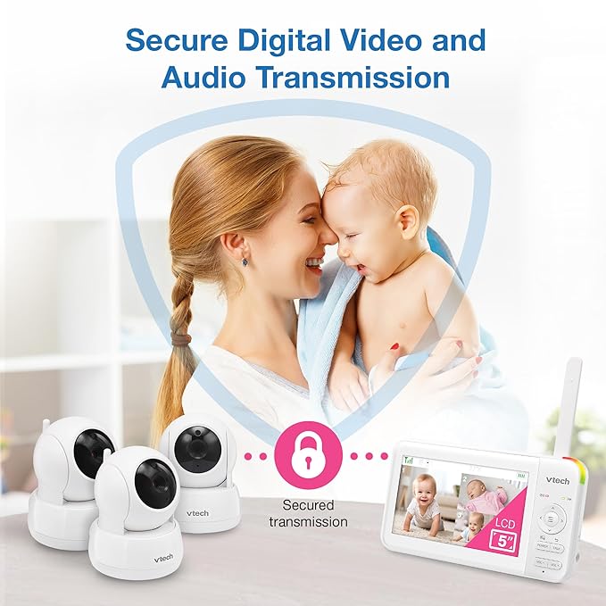 VTech 2 Cameras Video Baby Monitor with 5" LCD Screen,Up to 17Hrs Video & 31Hrs Audio, Night Vision, Pan-Tilt-Zoom, Lullabies, Soothing Sounds, Temperature Sensor,Split Screen, No WiFi: 924-2W