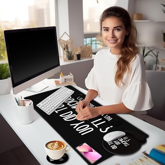 LIMKRIAN Black Mouse Pad Large Desk Mat Set, Funny Mouse Pad with Wrist Rest Keyboard Wrist Support XXL Mousepad Cup Coaster Set, Cute Office Desk Accessories Decor Supplies But Did You Document It