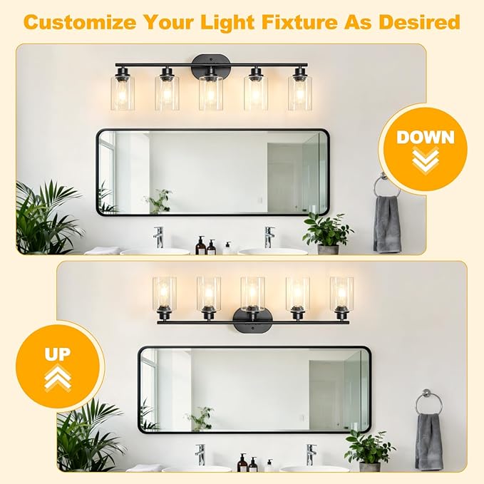 Unicozin 5 Light Bathroom Light Fixtures,33.5 Inch Vanity Lights for Bathroom, Lacquered Black Wall Lamp with Clear Glass for Mirror, Living Room, Hallway, Cabinet, E26 Base
