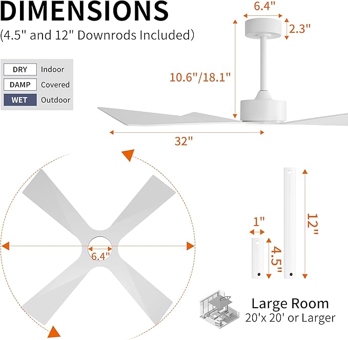 WINGBO 64" Wet Rated Outdoor Ceiling Fan with Lights, 4 ABS Plastic Blades, Reversible DC Motor, 6-Speed Remote Control, 3 CCT, Waterproof Ceiling Fan for Patio Porch Gazebo Garage, Gloss White