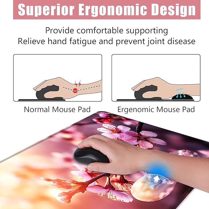 BFUKVOU Large Keyboard Mouse Pad Set, Extended Mouse Pad+Keyboard Wrist Rest Support, Memory Foam Ergonomic Easy Typing, 4Pcs (31.5×11.8 in) Desk Pad Set for Office Home,Cherry Blossom Floral