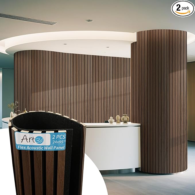 Art3d 2-Pack Acoustic Wood Slat Wall Panel with Roll-Flat Design - 95.3 x 23.8 Inch Sound Absorbing Panels for Living Room Columns Corridor Curved Wall Decor, Walnut
