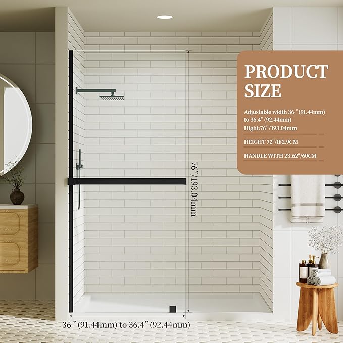 36" W x 76" H Fixed Glass Shower Panel, Frameless Shower Glass Panel with Nano Coating,5/16" (8mm) Clear SGCC Tempered Glass Panel for Walk In,Black
