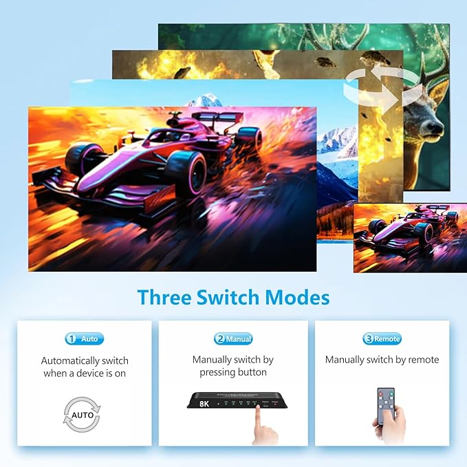 iArkPower 8K HDMI Switch 4 in 1 Out 4K@120Hz HDMI Switcher Support HDR10+, Dolby Vision, Dolby Atmos, VRR, ALLM, CEC