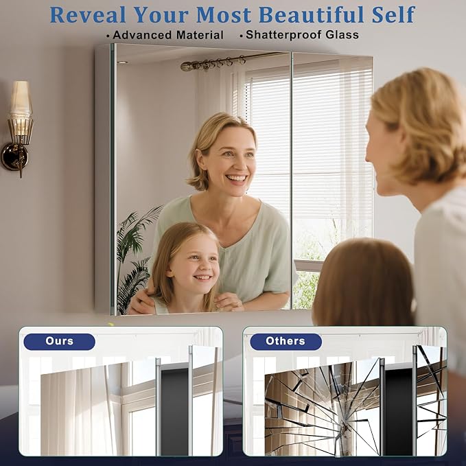 Bathroom Medicine Cabinet with Mirror, 30 Inch x 26 Inch Bathroom Mirror Cabinet with Double Door & Adjustable Shelves, Surface Mount or Recess Installation