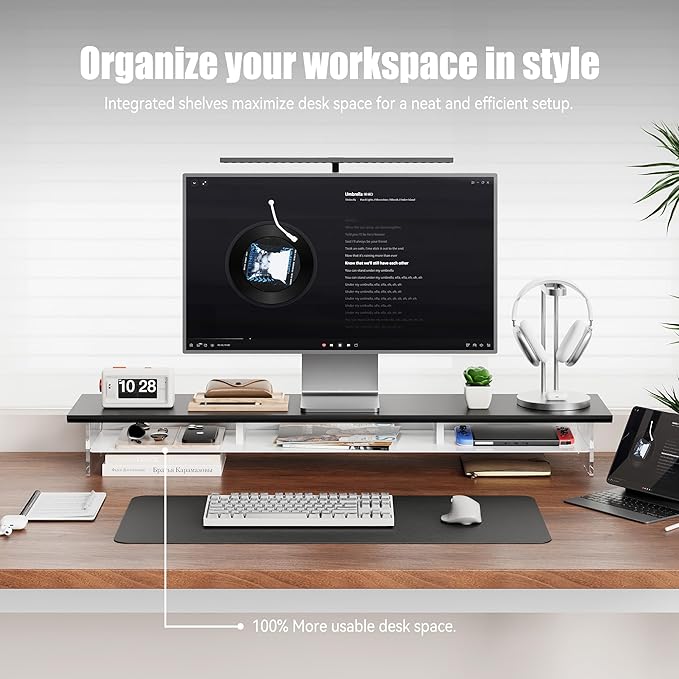 FENSULN Dual‑Tier Monitor Stand for Modern Desk Setup – Minimalist Wooden and Metal Riser Shelf with Transparent Acrylic Feet for Dual Monitors, Laptops, Home Office Aesthetic，Black and White