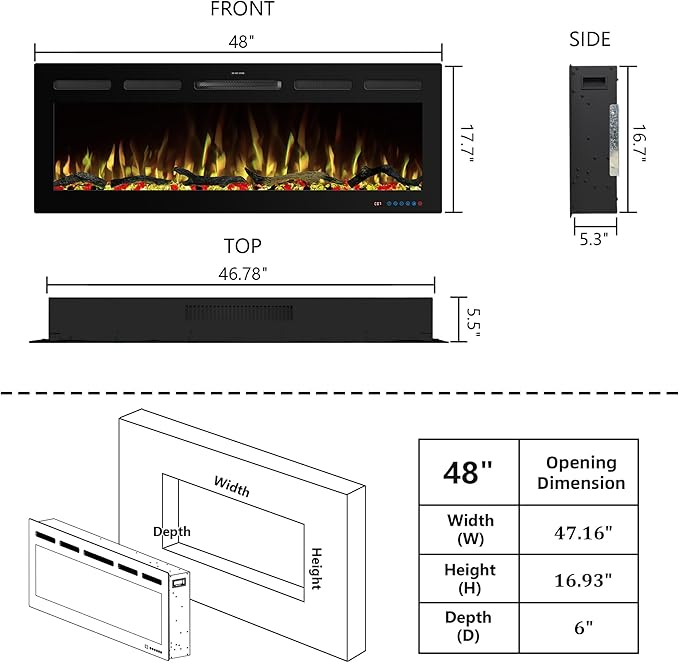 48" WiFi Electric Fireplace Inserts, Recessed and Wall Mounted Fireplace Heater W/Adjustable Flame Color & Brightness, Thermostat, 9H Timer, App and Remote Control, Low Noise, 750/1500W