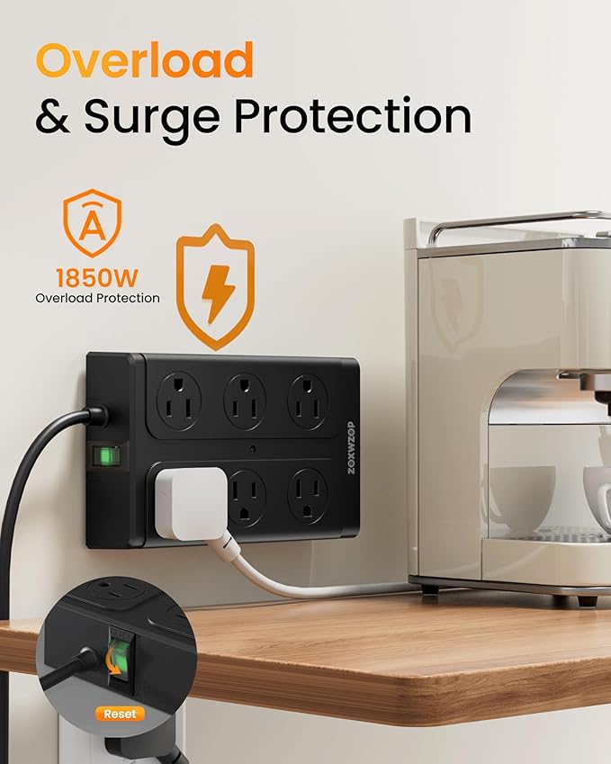 Zoxwzop Surge Protector Power Strip - 12 Outlets(1850W/15A) 6 USB Ports（2 USB C, 6FT Flat Plug Extension Cord, Wall Mount Multi Plug Outlet Extender, ETL Listed for Home, Dorm Room