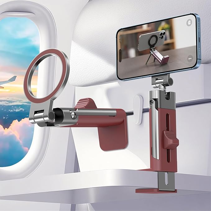 for MagSafe Airplane Phone Holder Mount Travel Essentials for Plane,N55*40 Pro Magnetic Phone Stand for Desk Tray Table 360° Swivel travel gifts for Women Men Airplane Gadgets Cruise Must Haves Red