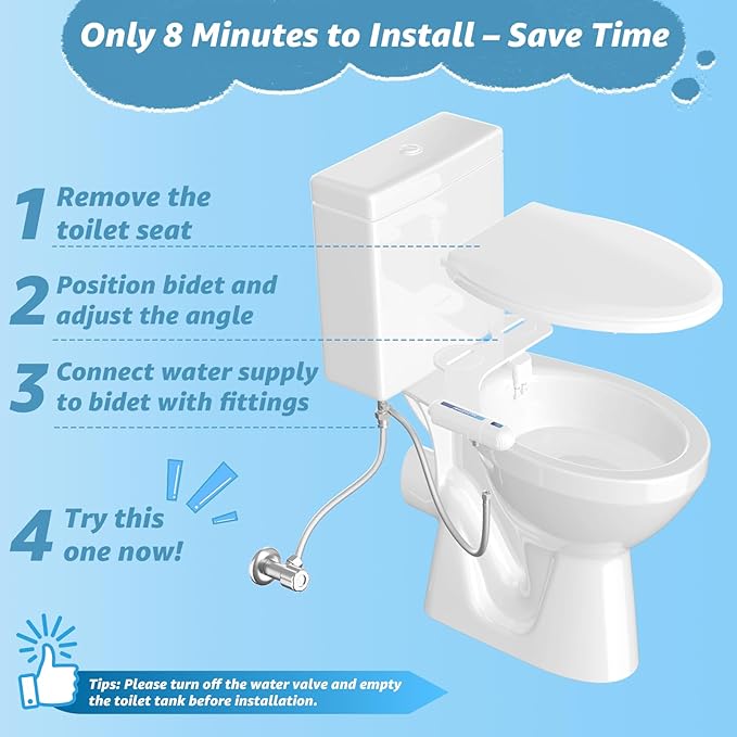 Ultra-Slim Bidet Attachment for Toilet, Non-Electric Dual Nozzle (Rear & Feminine Wash), Adjustable Fresh Cold Water Pressure, Stainless Steel Inlet, Easy to Install(Blue & White)
