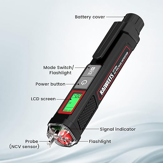 KAIWEETS Voltage Tester/Non-Contact Voltage Tester with Signal Percentage, Dual Range AC 12V/70V-1000V, Live/Null Wire Tester, Electrical Tester with LCD Display, Wire Breakpoint Finder (Black)
