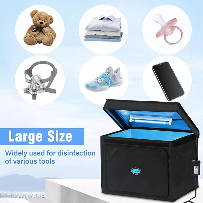 Large UVC Sanitizer Box with Ozone, Foldable Cleaner Bag with Timer, 36L/9.5gal UV Light Bulb Black Tote for Shoes, Cell Phone, Baby Bottle, Key, Towel