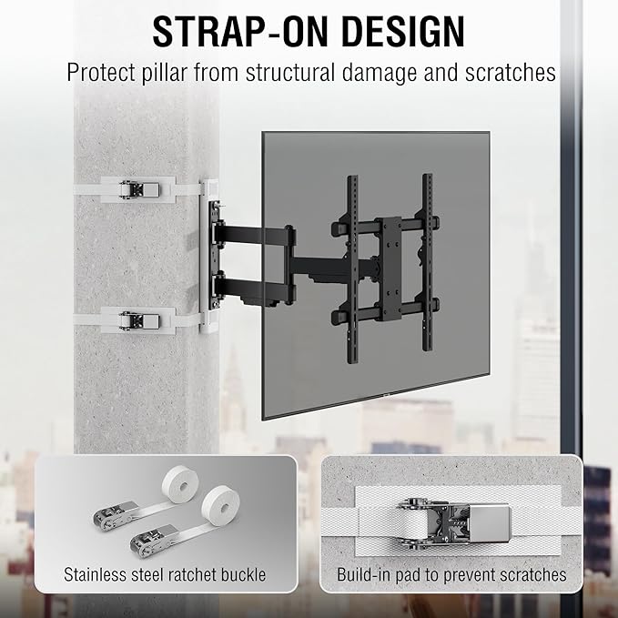CondoMounts CLMTVA1144 Full Motion Small Pillar | Gazebo TV Mount | Round & Square TV Post Mount | NO Drill | Holds 80lbs | Fits 32-in. to 70-in. | Fits 4-in. to 12-in. Post | White Strap