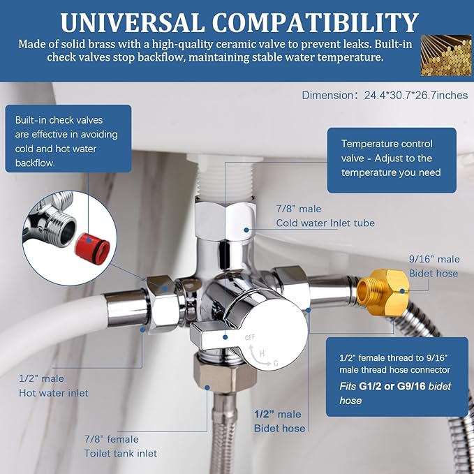 SonTiy Hot and Cold Bidet Mixing Valve Kit, Upgrade Brass 4 Way Warm Bidet T-adapter valve for Handheld Toilet Sprayer Seat Bidet Attachment with Two Tee Connector and 79inch Shower Hose