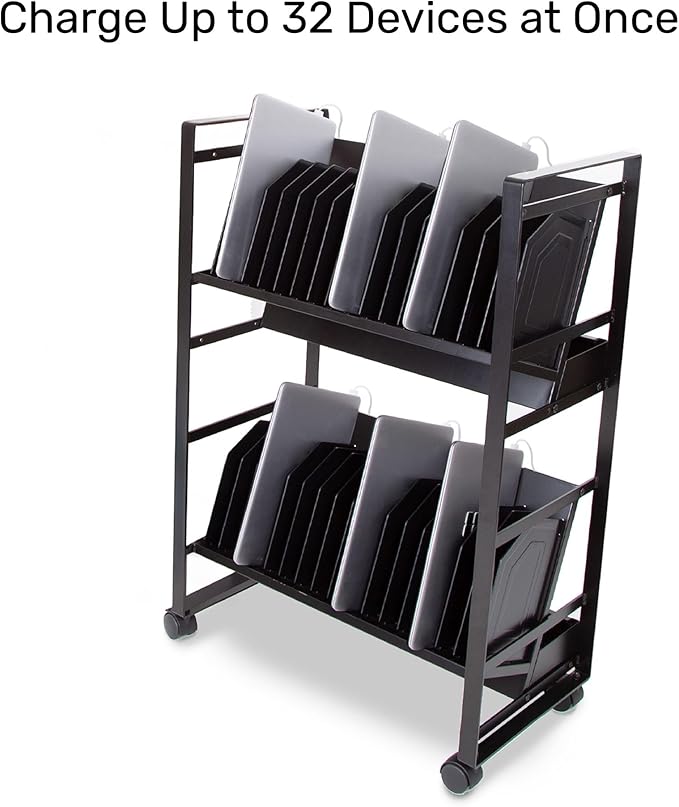 Line Leader 32-Device Mobile Charging Station | Steel Rolling Cart for Laptops, Tablets, & Chromebooks | Open Design with Dividers & UL-Certified Surge Protection | Portable Charging Stand (Black)