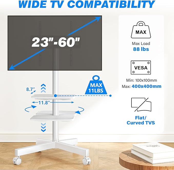 Rfiver Mobile TV Stand for 23-60 Inch LCD LED Flat/Curved Panel Screen TVs up to 88 lbs, Rolling TV Stand with Adjustable Shelf & Tilt, Portable Floor Stand on Wheels for Bedroom, Living Room, White