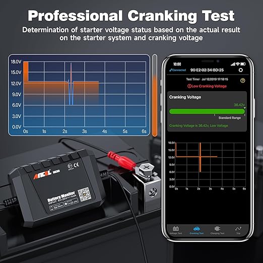 ANCEL BM300 12V Battery Monitor, Bluetooth 4.0 Automotive Voltmeter with Charging, Cranking System Test & Alarm - Compatible for Solar Power Systems, RVs, Motorcycles, Boats, Cars, and Trucks