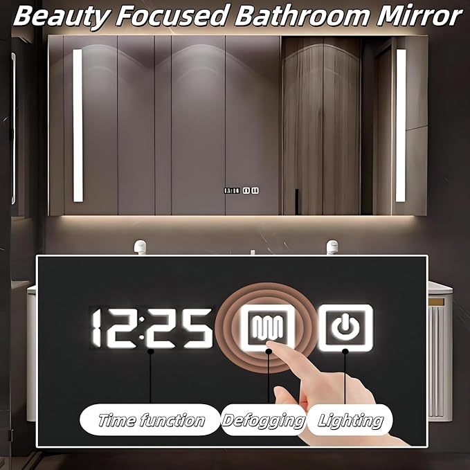 Bathroom Vanity with Double Sink - Smart Defogging Mirror & LED Lights on Both Sides, Floating Bath Sink Cabinet | 2 Drawers, Wave Shaped Panel (Khaki, 76IN)