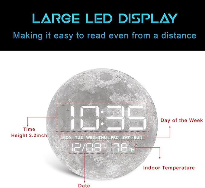 HOMLOVE Digital Desk Clock with Large LED Display, Moon Modern Date Temperature Clock [TYPC-in] for Shelf, Table, Mantel or Bedside, (Moon, 7.87 INCH)