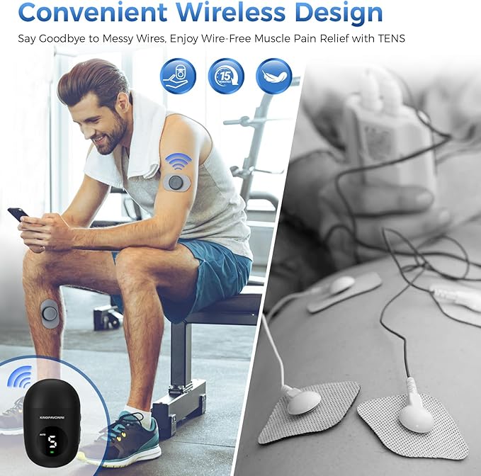 KingPavonini Wireless TENS Unit, Muscle Stimulator for Pain Relief, Portable Rechargeable TENS EMS Machine, LED Screen, Remote, Dual Channel 6 Modes 16 Intensity Massager, Charging Case (Black)