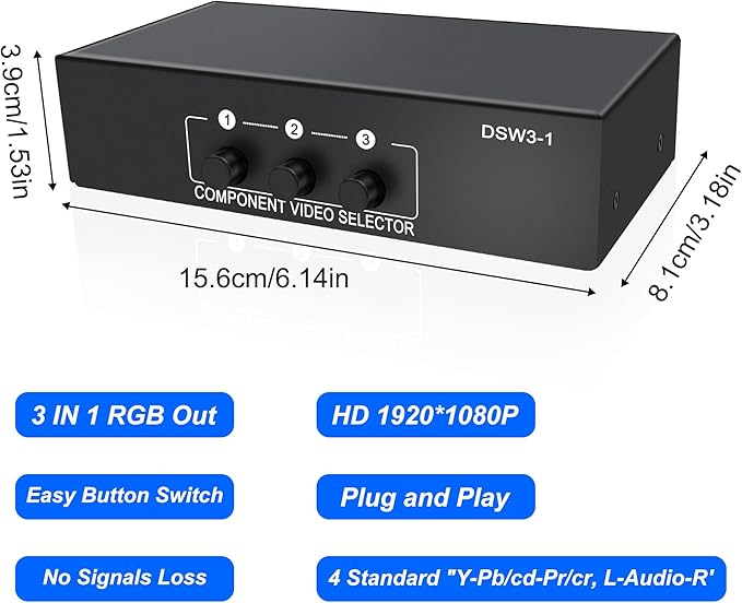 XMSJSIY Component AV Video Switch 3 in 1 Out Composite 5 RCA YPbPr RGB Selector Switcher AV Splitter Converter Box 3-Way Hub 1080P for Xbox 360 Wii PS2 PS3 DVD VCD EVD HDVD